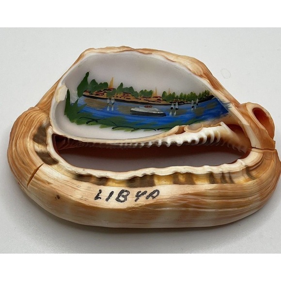 Conch Shell Antique Folk Art Painted Maritime Ship Landscape 30’s Souvenir Libya
